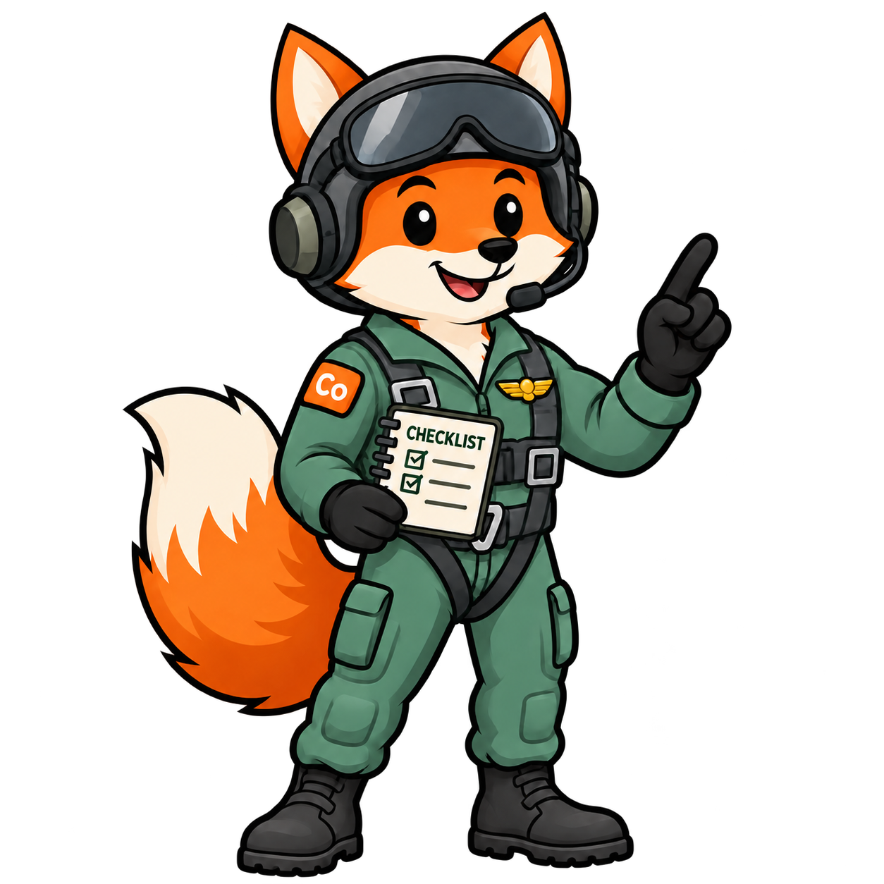Co-Fox, a friendly fox in a eucalyptus-green flight suit, wearing a headset and holding a checklist