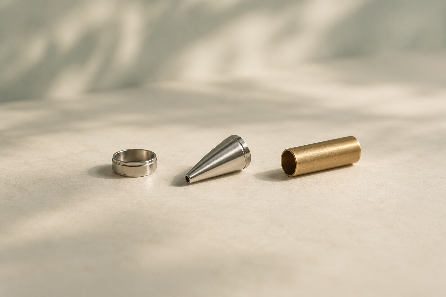 A small set of metal pen fittings on a quiet neutral surface