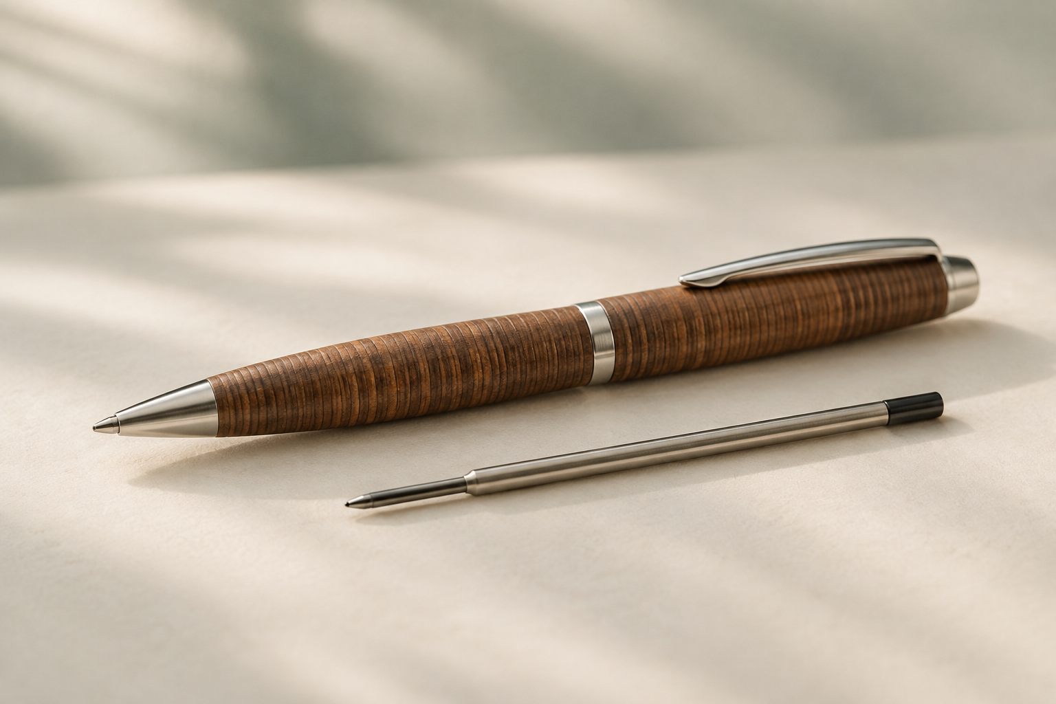 A stacked-leather pen beside a replaceable ink refill