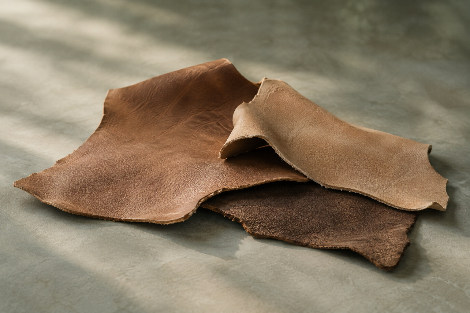 Leather offcuts with varied shapes, textures, and thicknesses