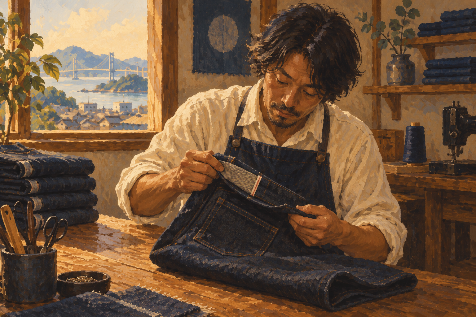 Painterly illustration of a Japanese denim craftsperson inspecting indigo jeans in a sunlit workshop.