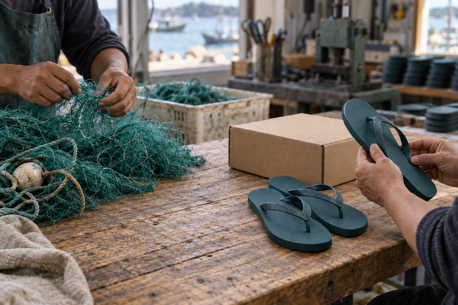 Workers sorting fishing nets and inspecting teal flip-flops, with packaging on a wooden workshop bench