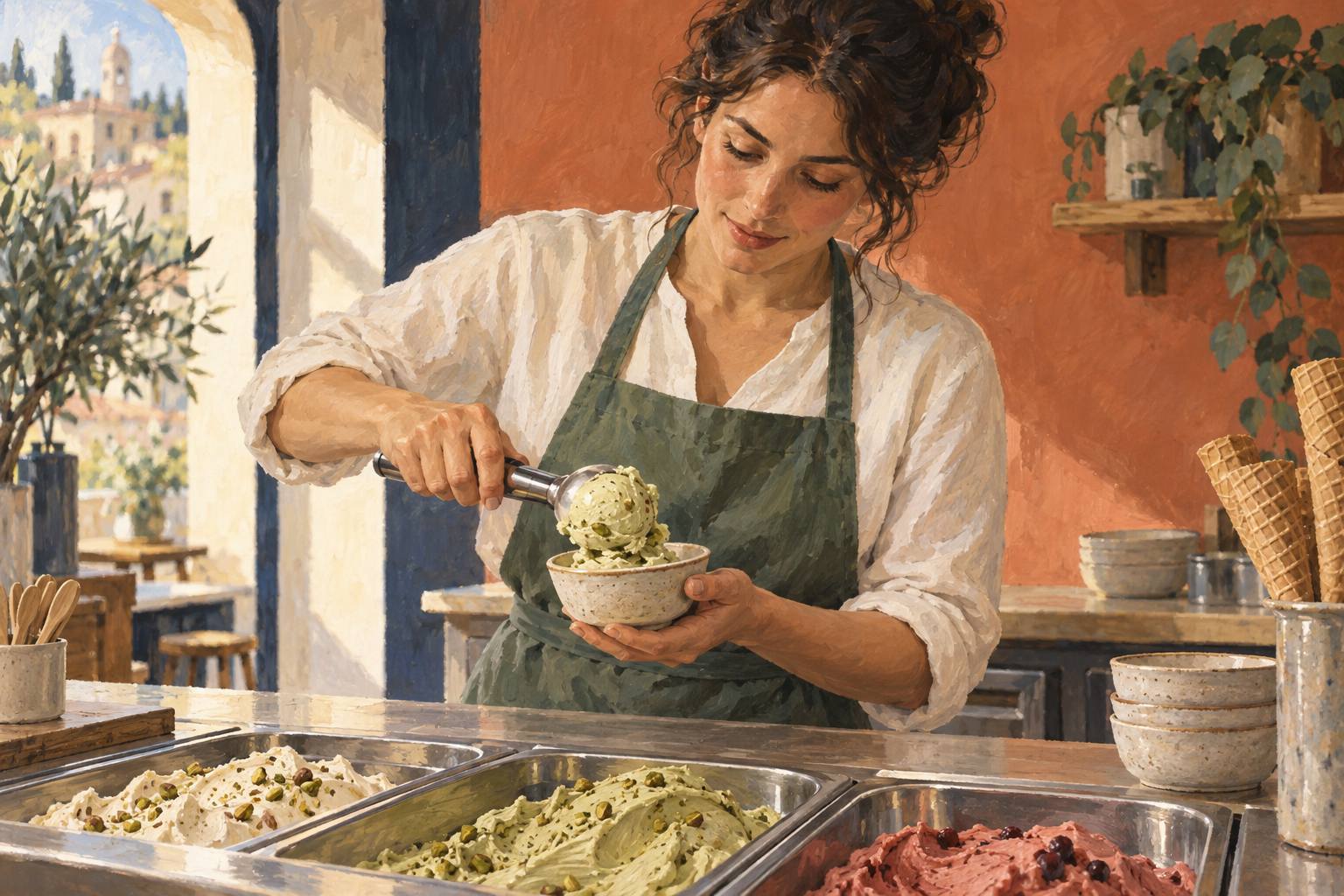 An artisan serving pistachio gelato in a warm, sunlit shop.