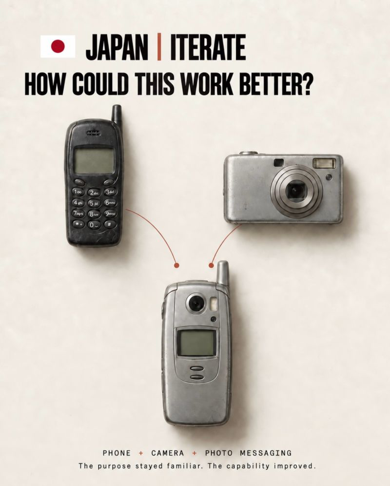 Illustration combining a mobile phone, a camera, and photo messaging to explain iteration in Japan.