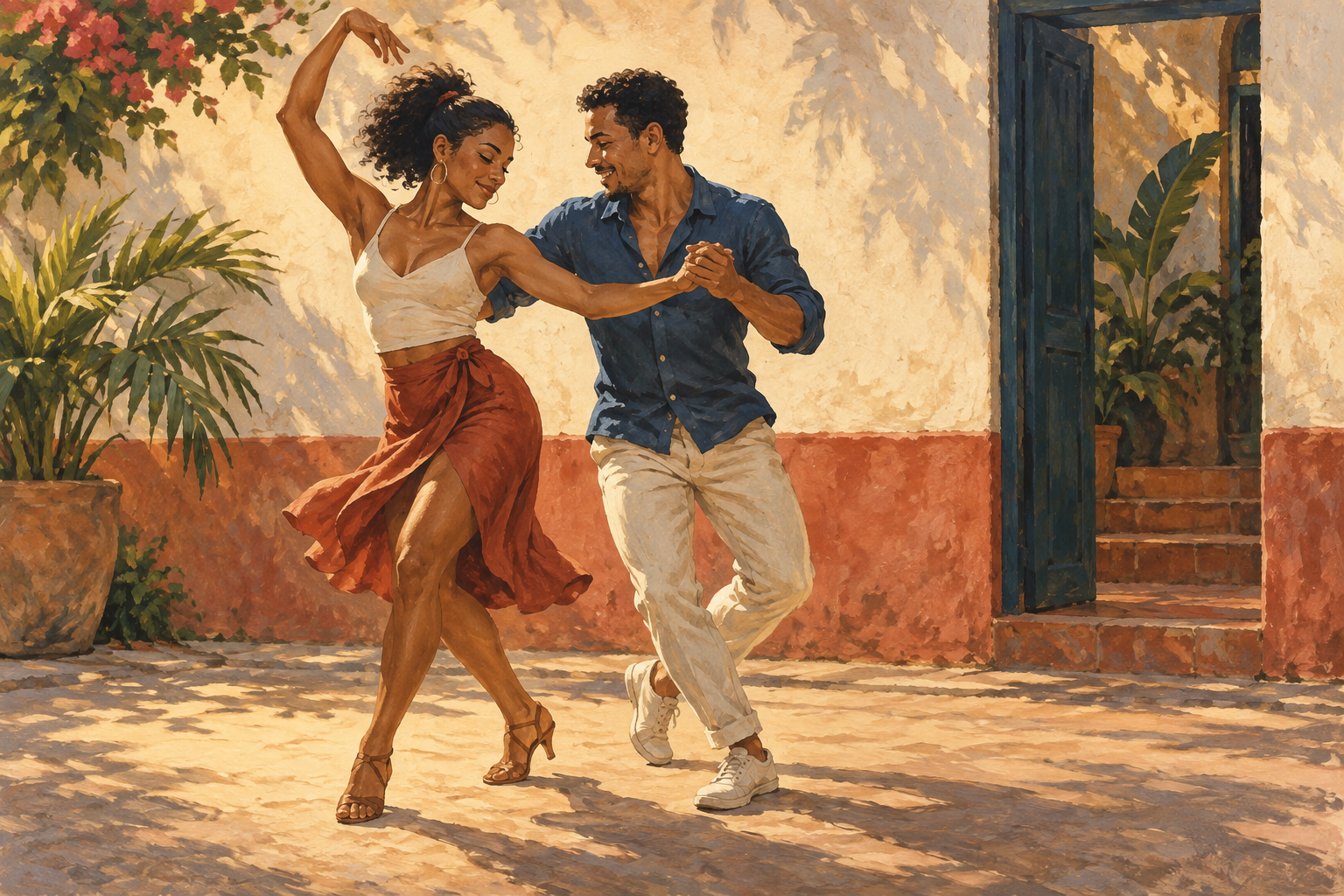 Painterly illustration of a couple dancing salsa in a sunlit Cali courtyard, with their full figures and footwork visible.
