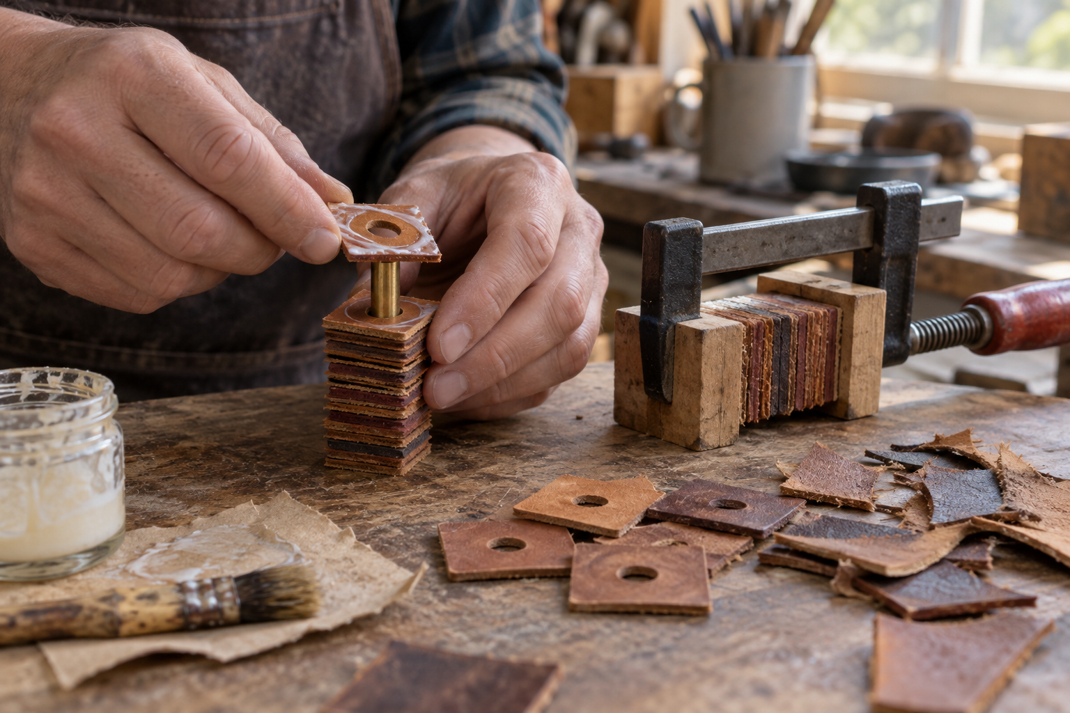 A maker stacking punched leather squares around a brass pen tube, with another glued leather stack held in a clamp